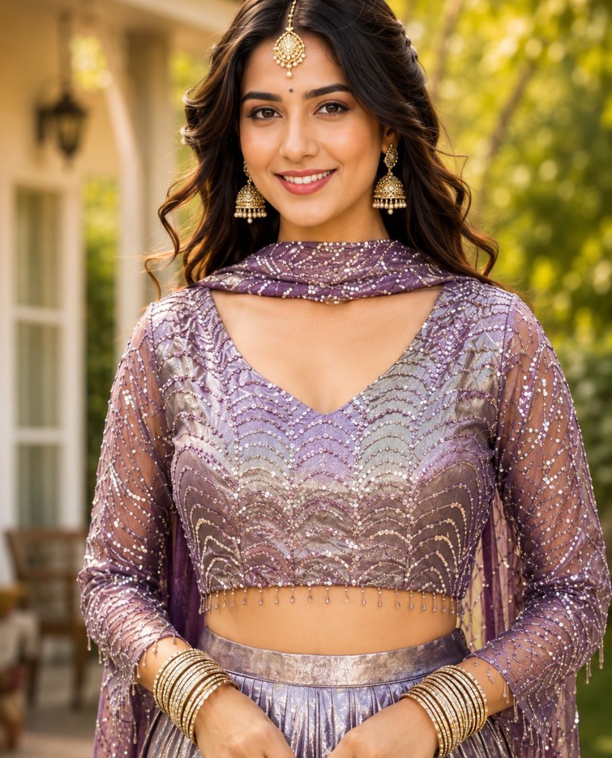 PURPLE - Lavender Sequins Satin Classic Saree