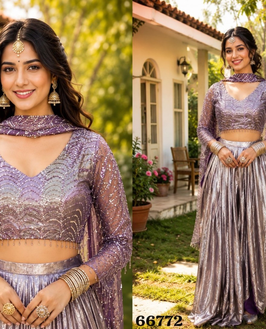 PURPLE - Lavender Sequins Satin Classic Saree