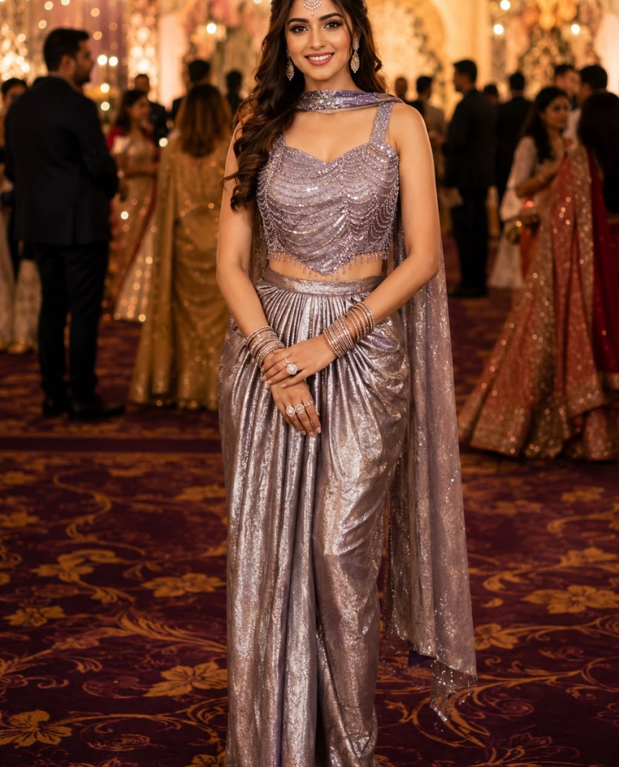 LAVENDER - Satin Contemporary Saree In Lavender Colour