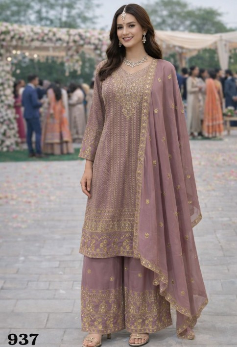Mauve Georgette Embroidered and Sequins Work Salwar Suit for Ceremonial