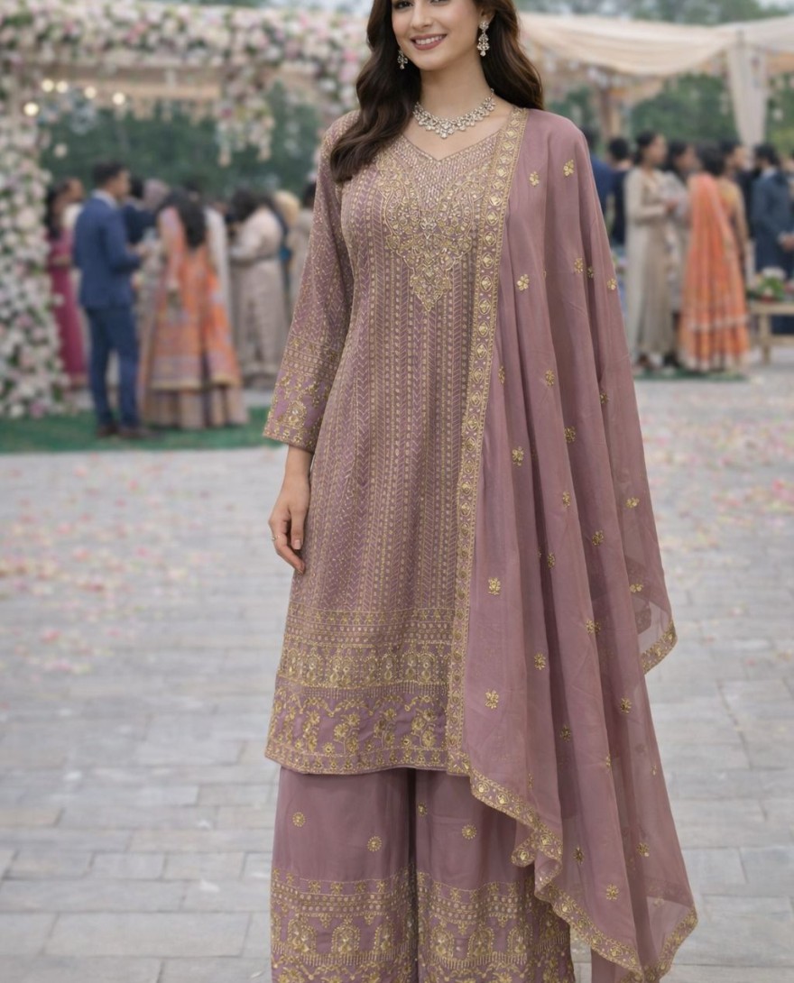 MAUVE - Mauve Georgette Embroidered and Sequins Work Salwar Suit for Ceremonial