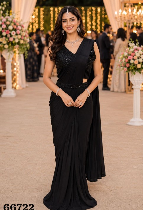 Embroidered Work Lycra Classic Saree In Black Colour