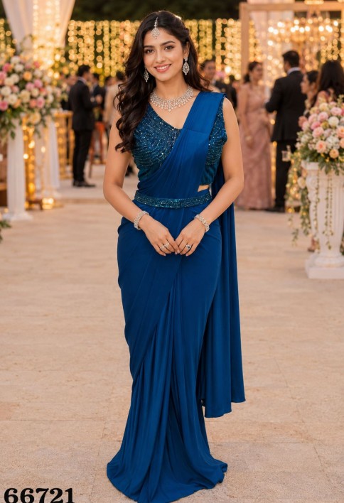 Blue Lycra Embroidered Work Contemporary Saree for Ceremonial