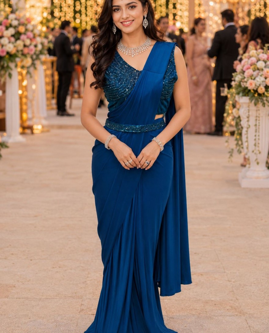 BLUE - Blue Lycra Embroidered Work Contemporary Saree for Ceremonial
