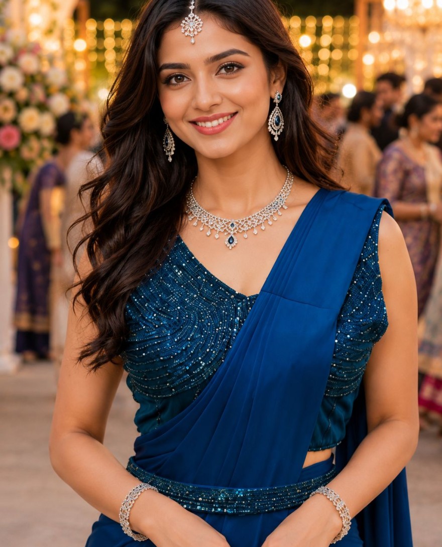 BLUE - Blue Lycra Embroidered Work Contemporary Saree for Ceremonial