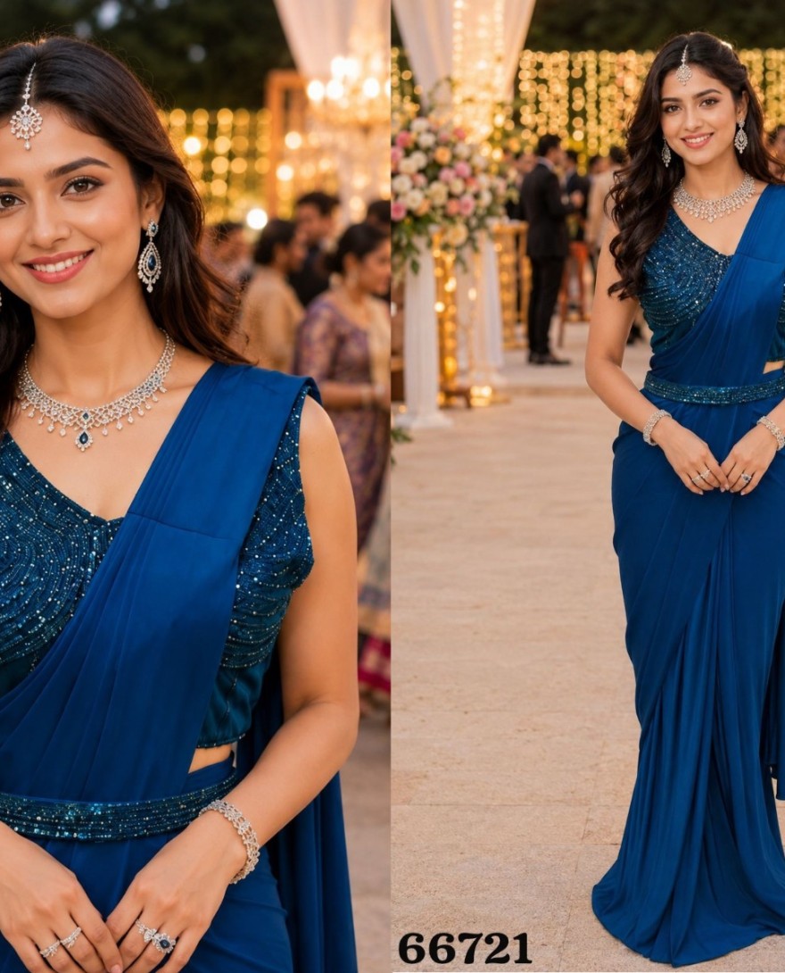 BLUE - Blue Lycra Embroidered Work Contemporary Saree for Ceremonial