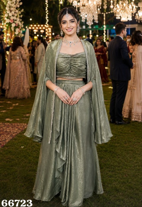 Green Satin Plain Work Readymade Lehenga Choli for Ceremonial