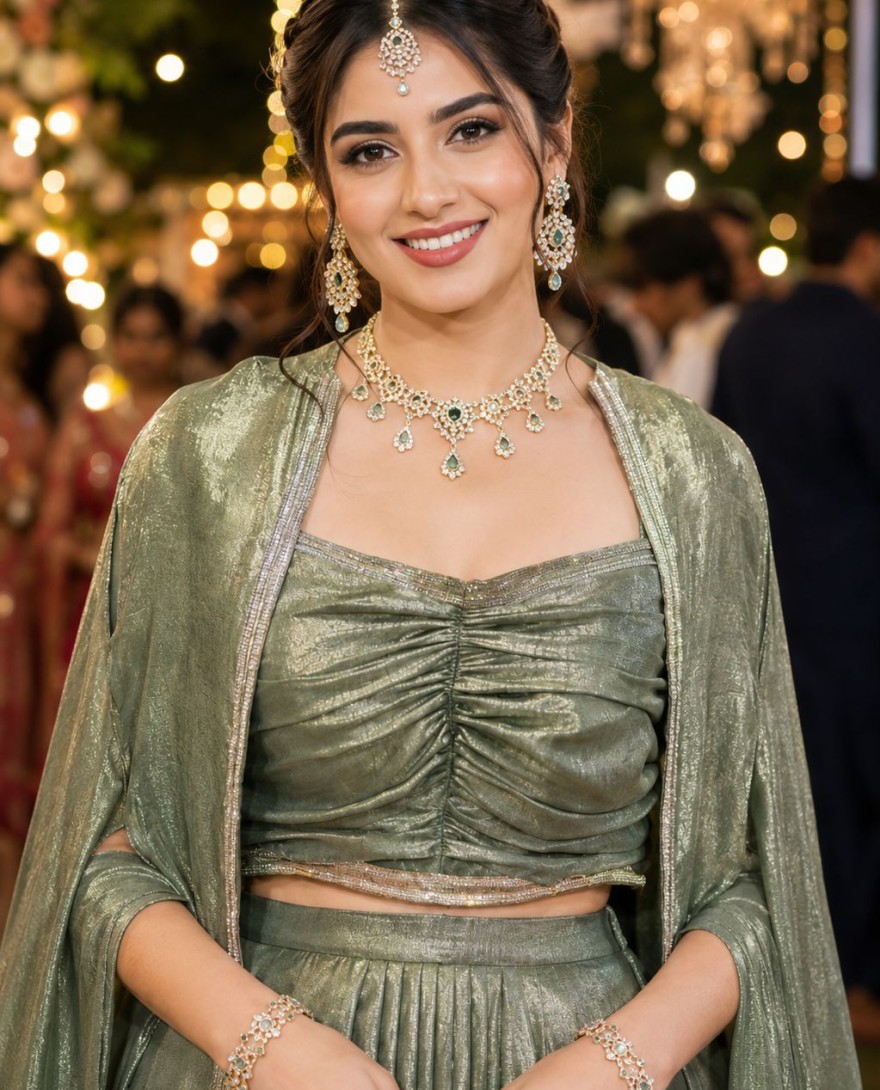 GREEN - Green Satin Plain Work Readymade Lehenga Choli for Ceremonial