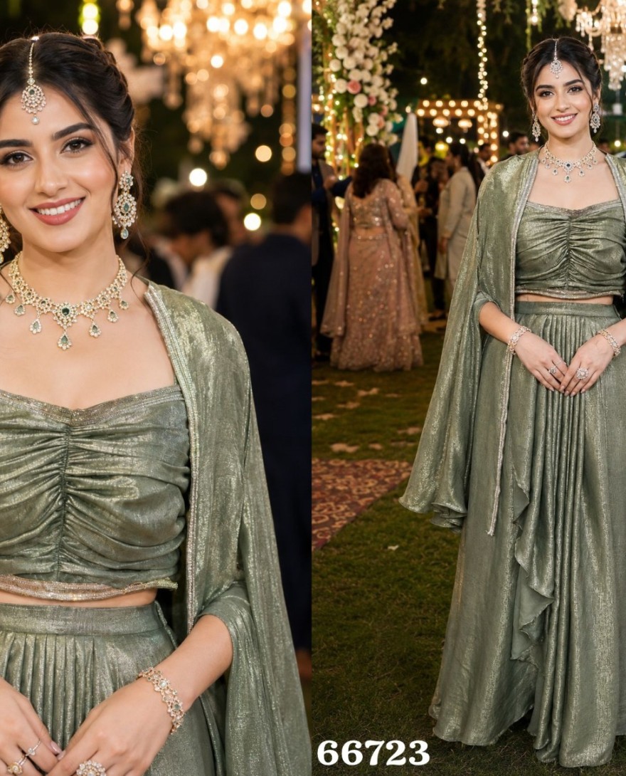 GREEN - Green Satin Plain Work Readymade Lehenga Choli for Ceremonial