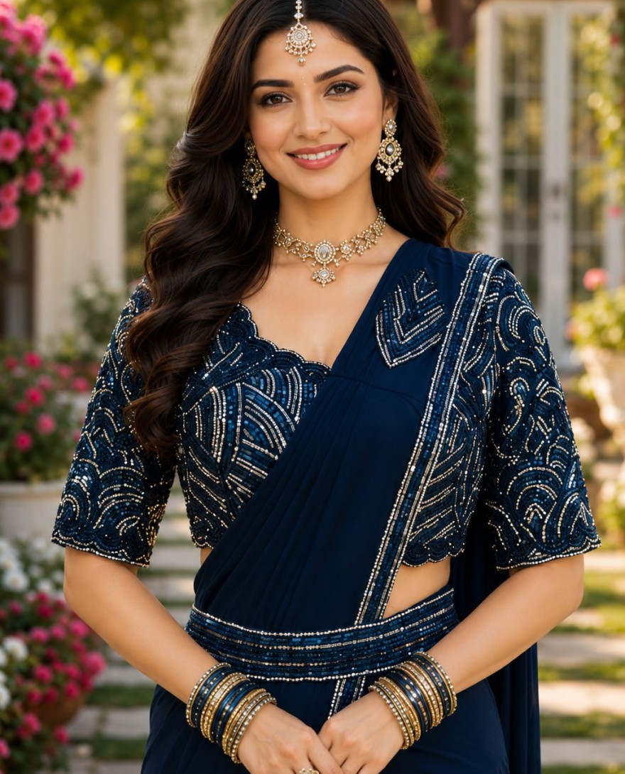 BLUE - Blue Lycra Patch Border, Embroidered and Sequins Work Classic Sari