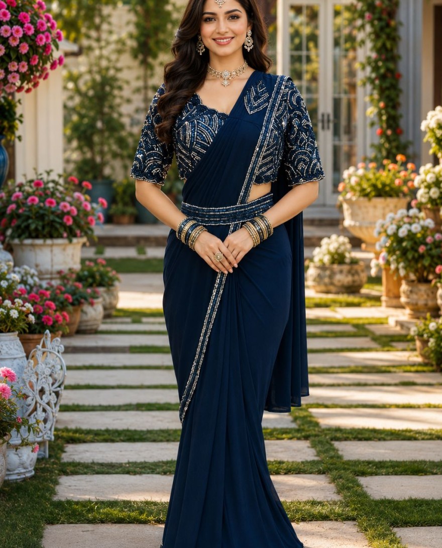 BLUE - Blue Lycra Patch Border, Embroidered and Sequins Work Classic Sari