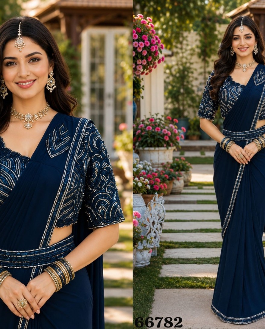 BLUE - Blue Lycra Patch Border, Embroidered and Sequins Work Classic Sari