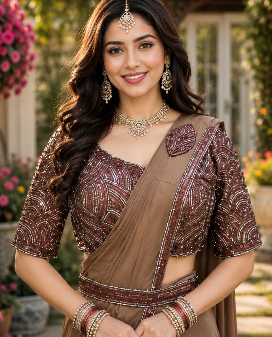 BROWN - Lycra Contemporary Sari In Brown Colour