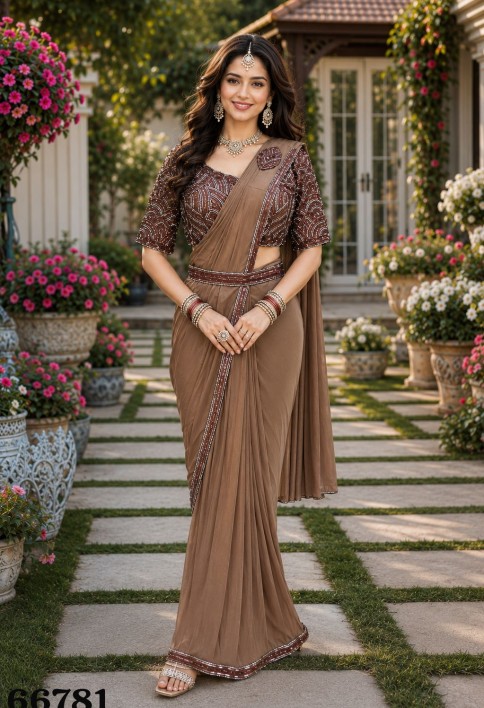 Lycra Contemporary Sari In Brown Colour