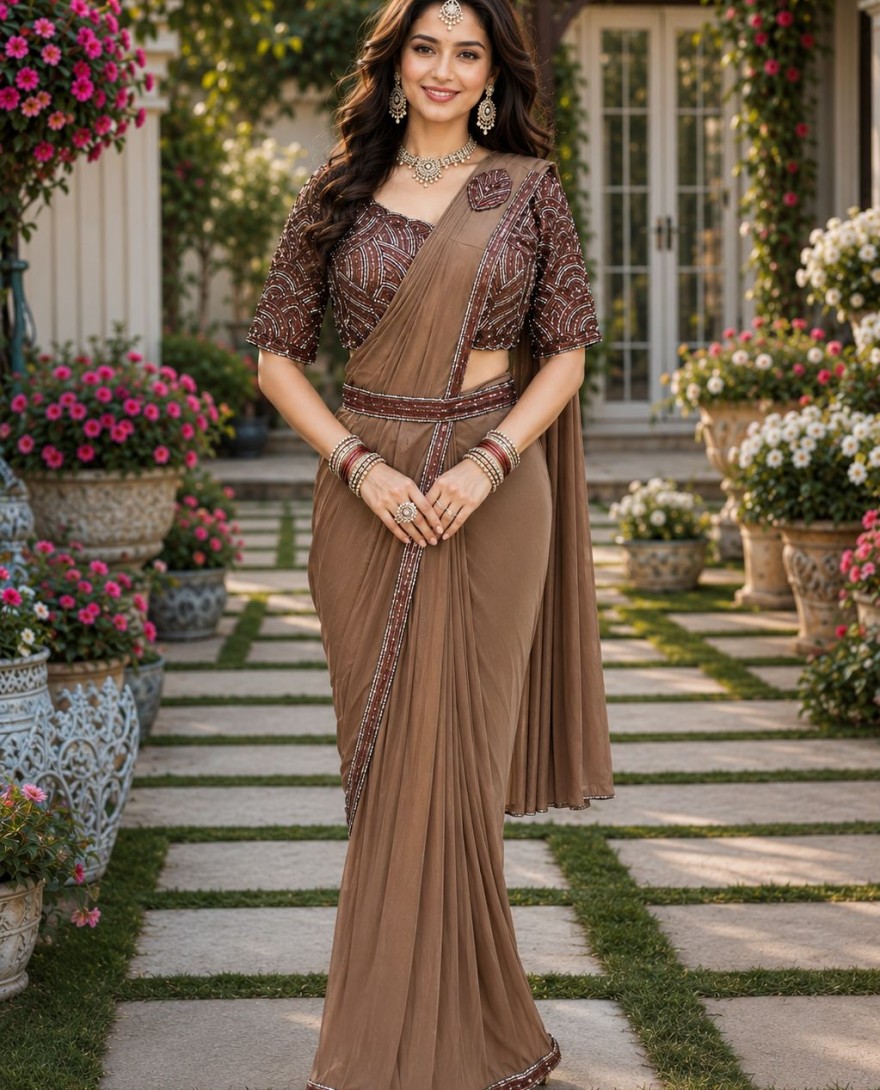 BROWN - Lycra Contemporary Sari In Brown Colour