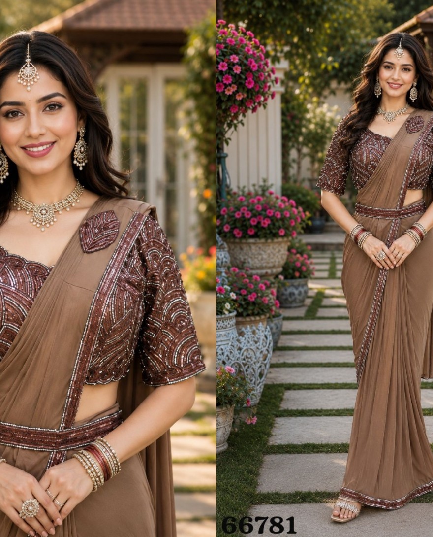 BROWN - Lycra Contemporary Sari In Brown Colour