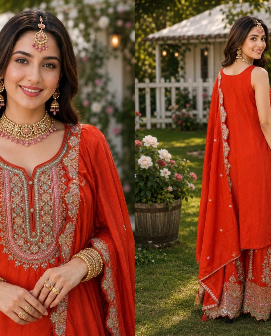 ORANGE - Magnificent Chinon Engagement Salwar Kameez