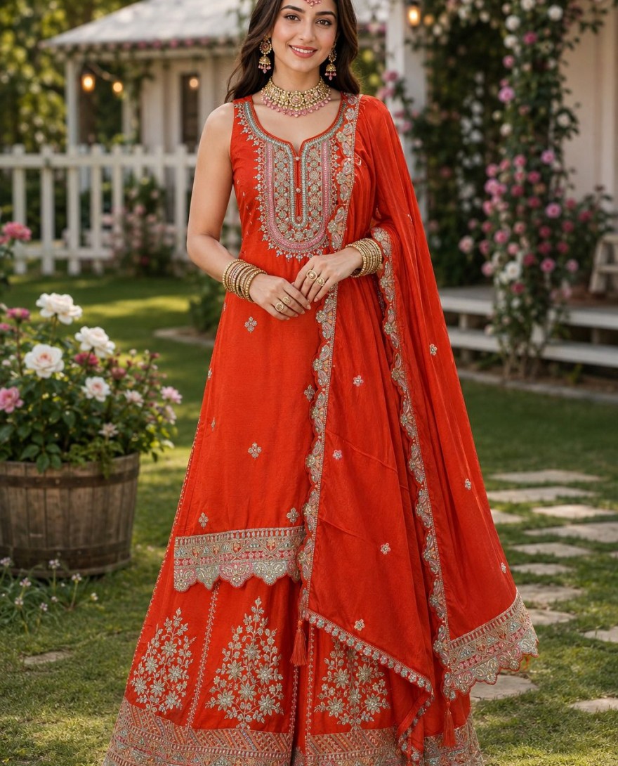 ORANGE - Magnificent Chinon Engagement Salwar Kameez