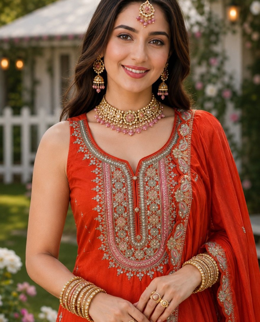 ORANGE - Magnificent Chinon Engagement Salwar Kameez