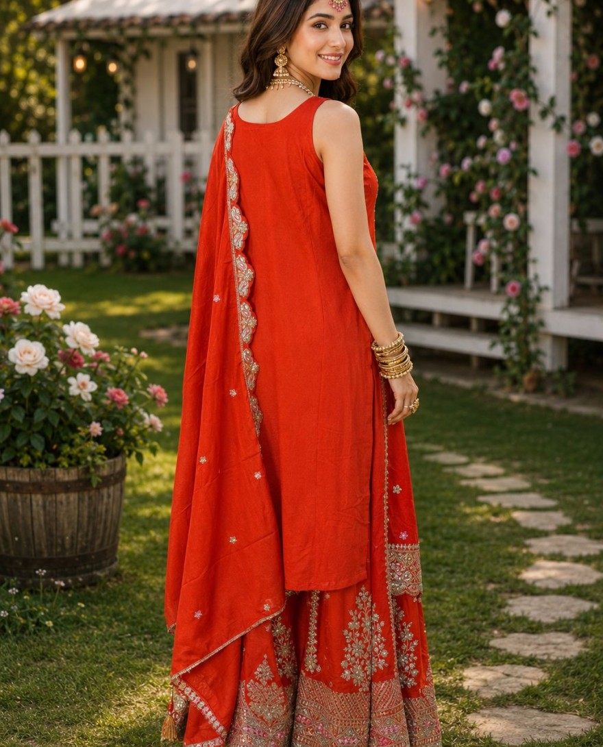 ORANGE - Magnificent Chinon Engagement Salwar Kameez