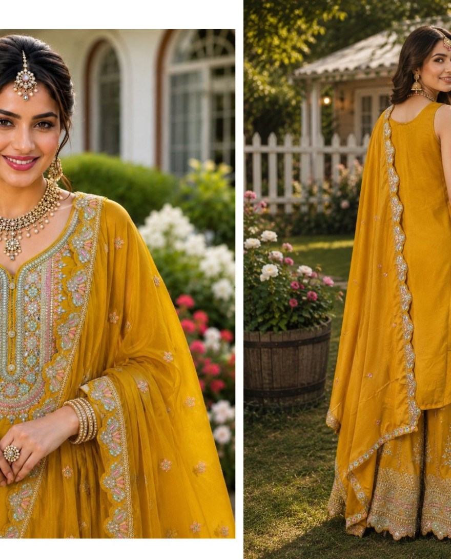 YELLOW - Chinon Mustard Embroidered Palazzo Salwar Kameez
