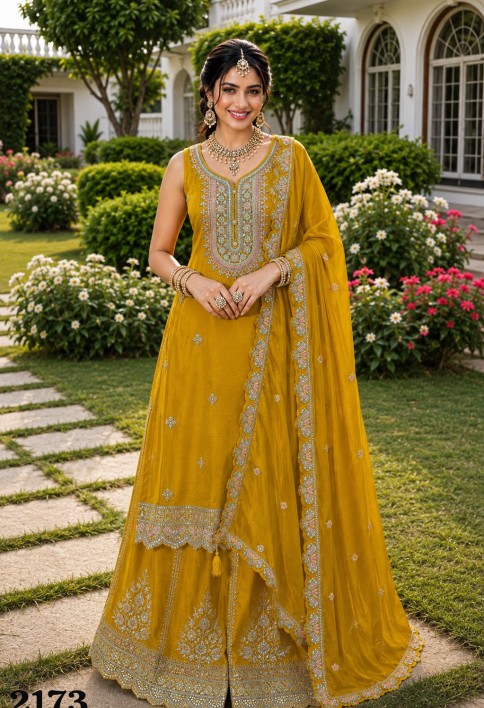 Chinon Mustard Embroidered Palazzo Salwar Kameez