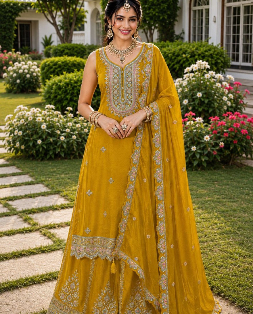 YELLOW - Chinon Mustard Embroidered Palazzo Salwar Kameez
