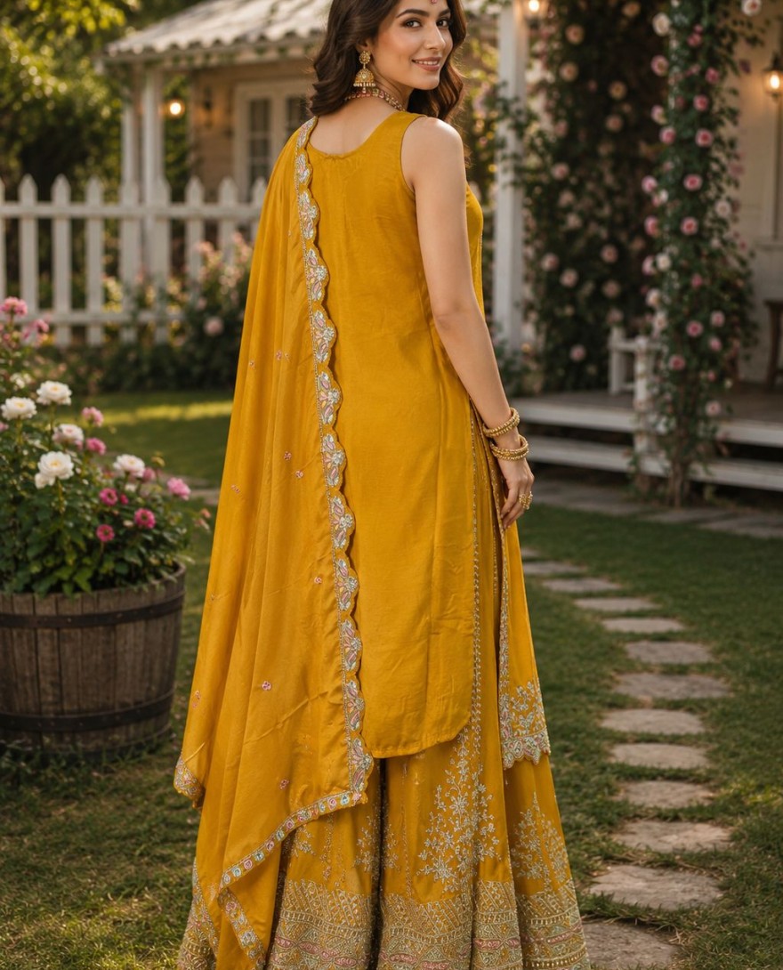 YELLOW - Chinon Mustard Embroidered Palazzo Salwar Kameez