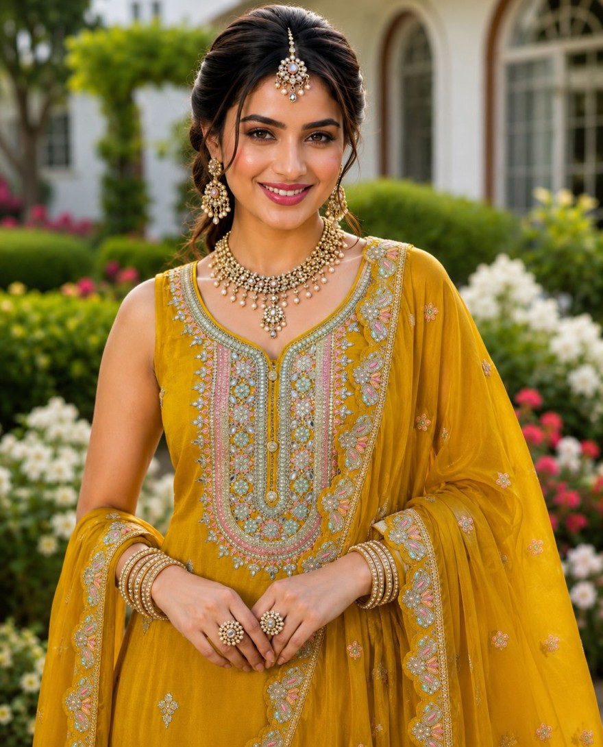 YELLLOW - Chinon Mustard Embroidered Palazzo Salwar Kameez