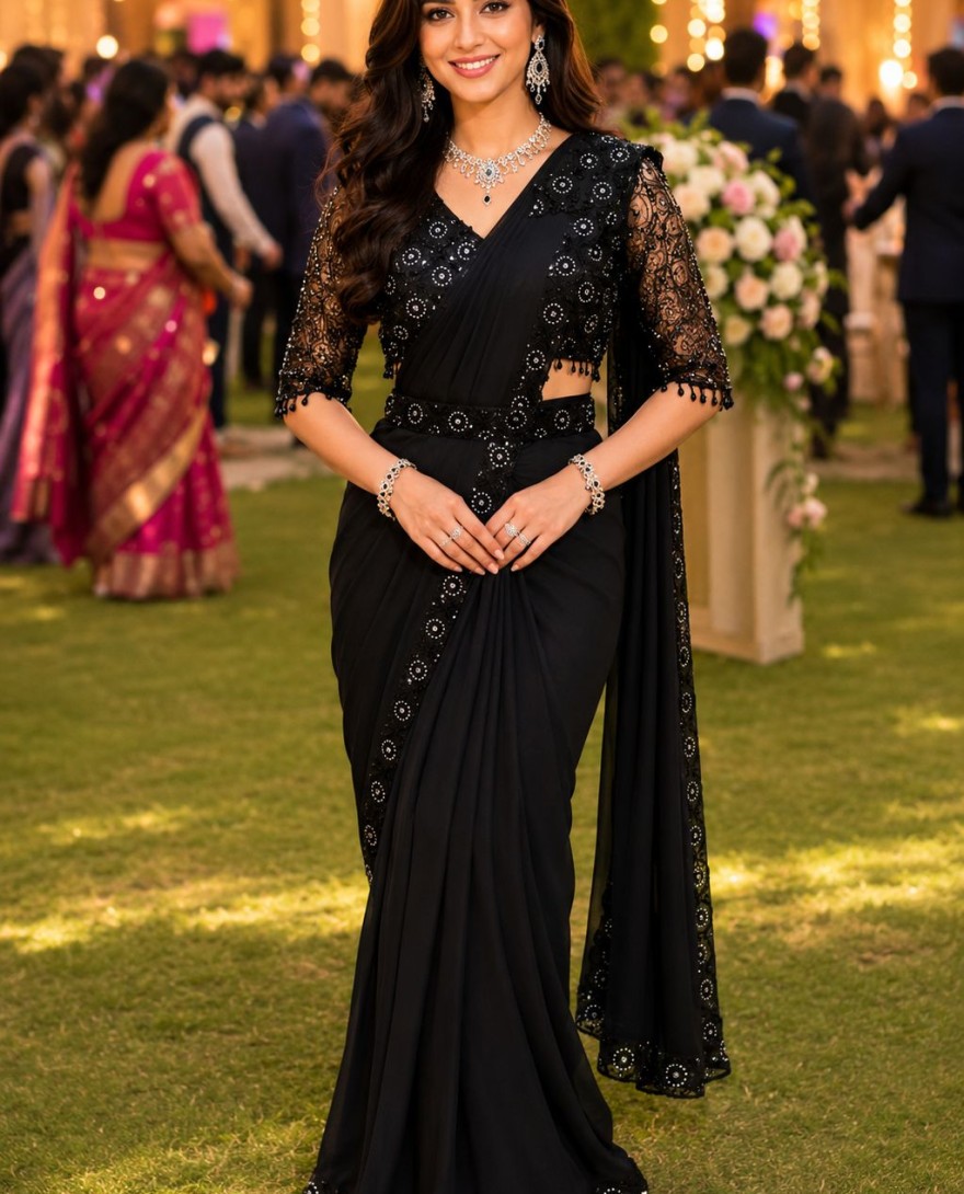 BLACK - Impeccable Black Lycra Classic Sari