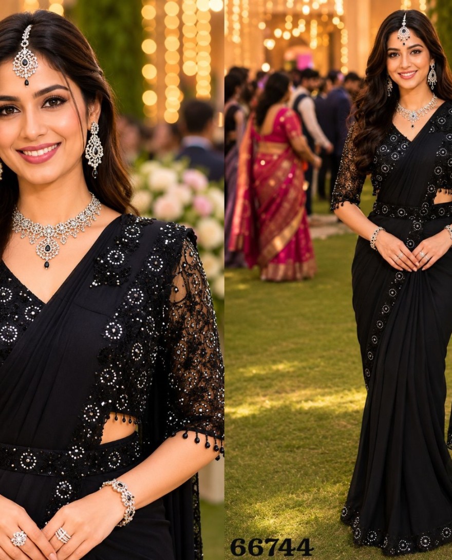 BLACK - Impeccable Black Lycra Classic Sari