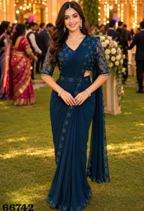 Embroidered Work Lycra Trendy Saree In Blue Colour