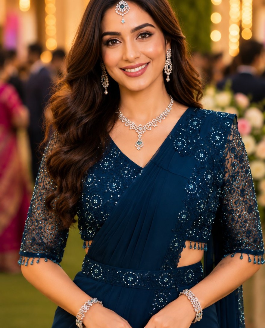 BLUE - Embroidered Work Lycra Trendy Saree In Blue Colour