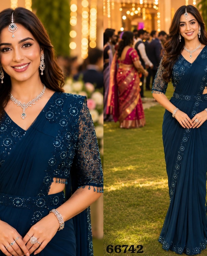BLUE - Embroidered Work Lycra Trendy Saree In Blue Colour