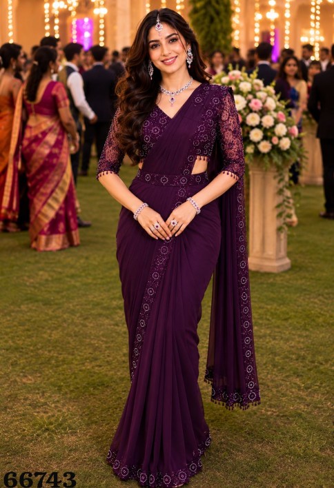 Embroidered Work Lycra Contemporary Sari In Purple Colour