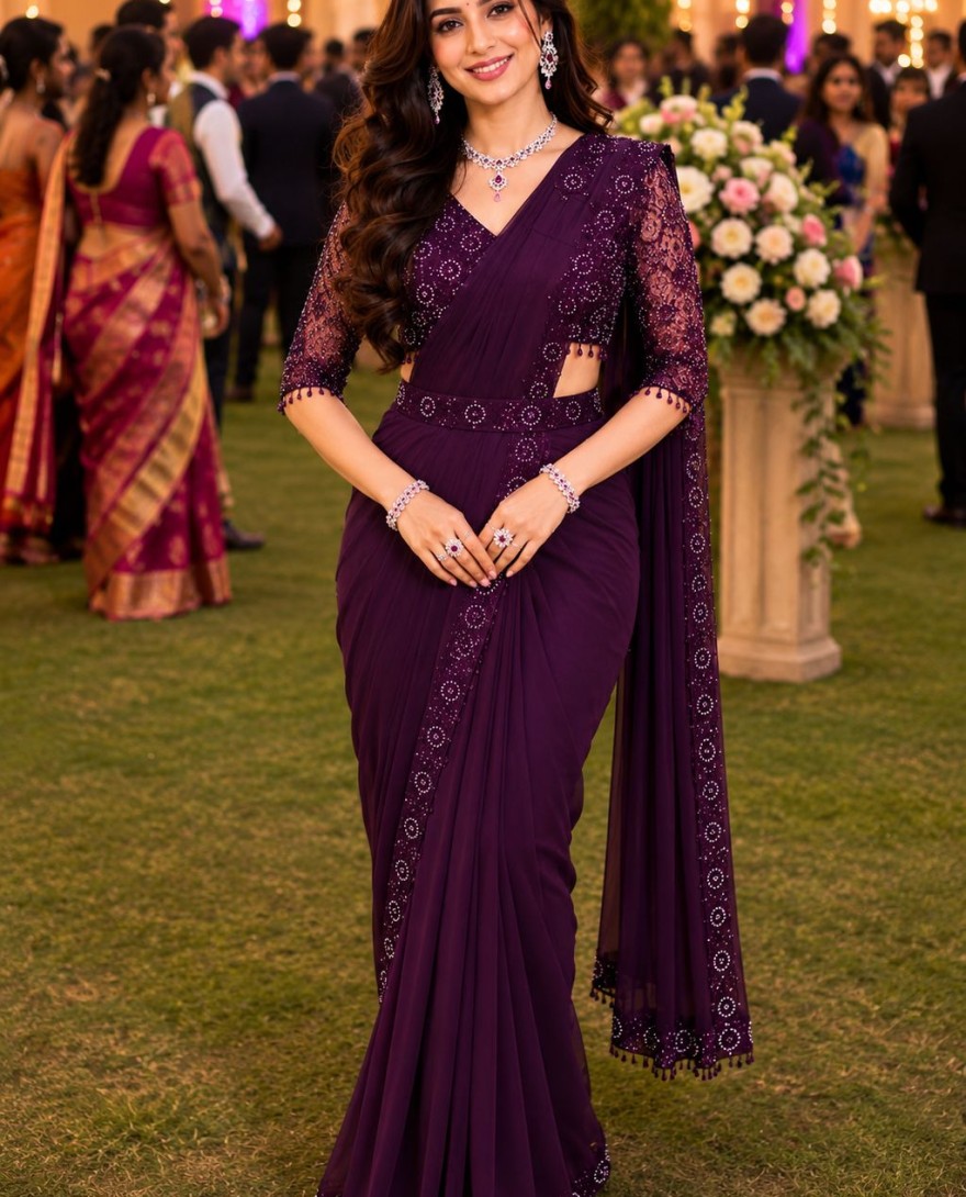 PURPLE - Embroidered Work Lycra Contemporary Sari In Purple Colour