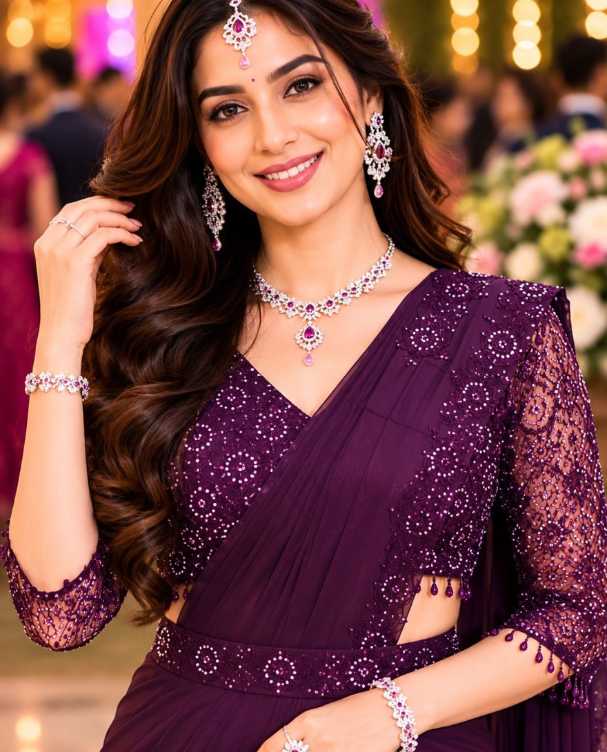 PURPLE - Embroidered Work Lycra Contemporary Sari In Purple Colour