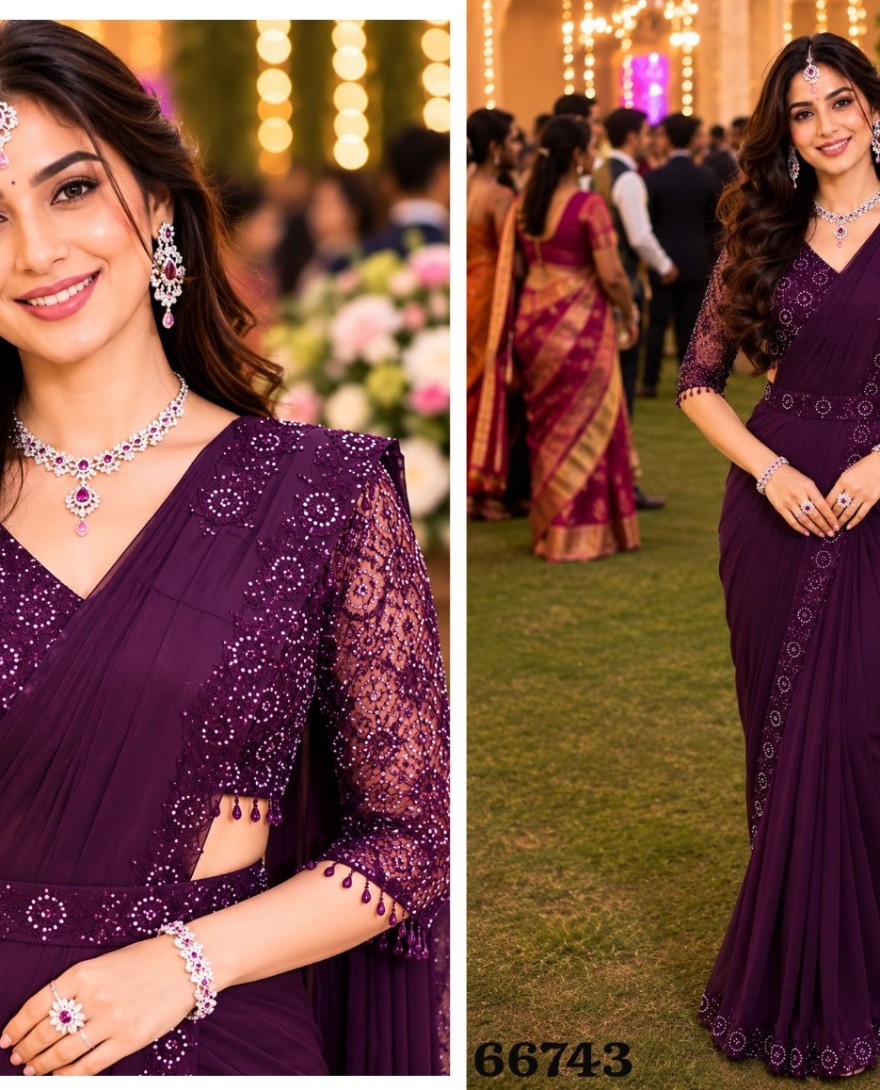 PURPLE - Embroidered Work Lycra Contemporary Sari In Purple Colour