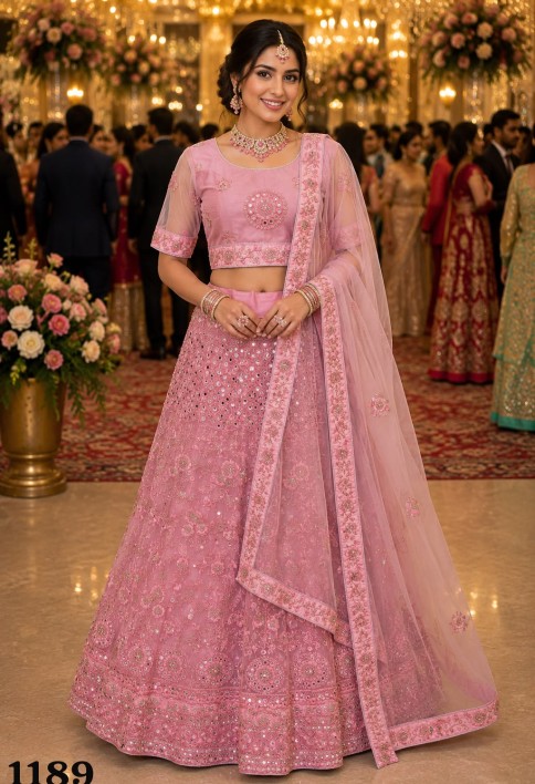 Pink Net Lehenga Choli with Diamond, Embroidered, Mirror and Sequins Work for Engagement
