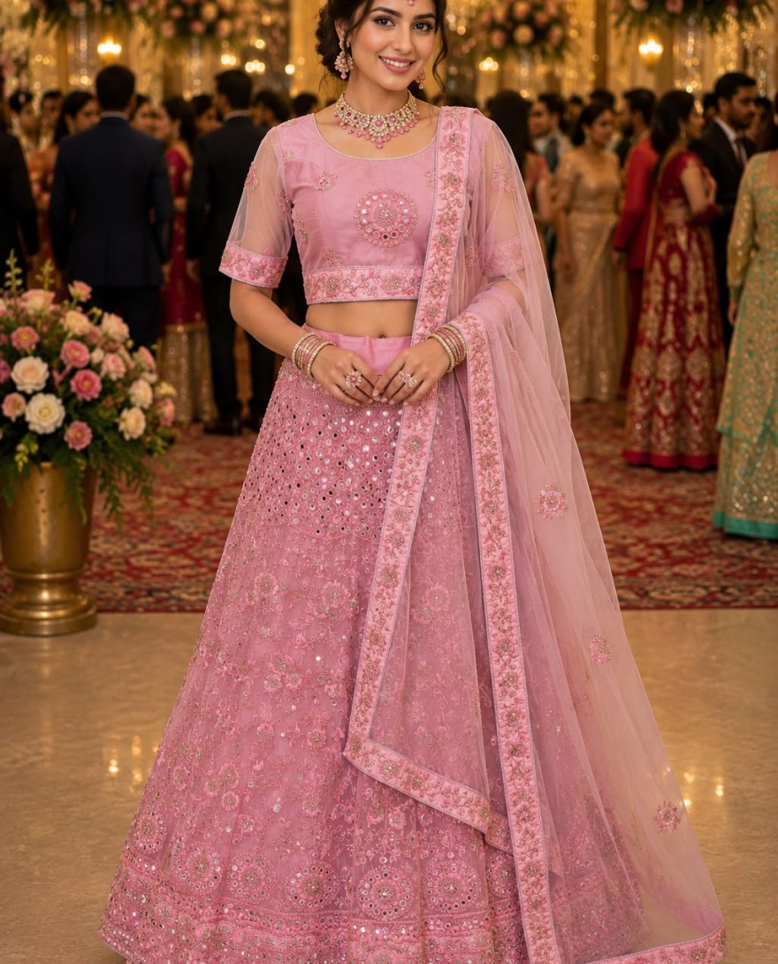 PINK - Pink Net Lehenga Choli with Diamond, Embroidered, Mirror and Sequins Work for Engagement