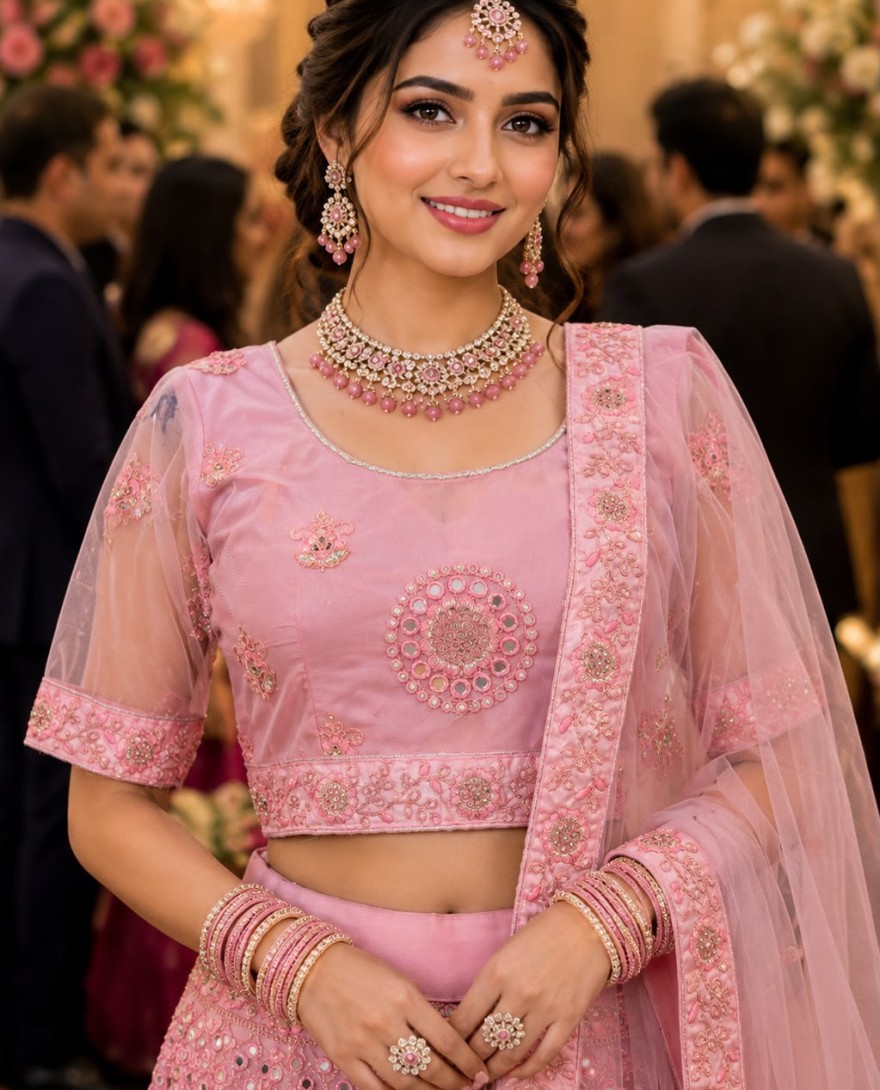 PINK - Pink Net Lehenga Choli with Diamond, Embroidered, Mirror and Sequins Work for Engagement