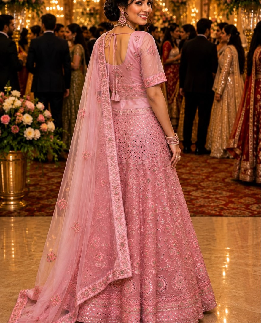 PINK - Pink Net Lehenga Choli with Diamond, Embroidered, Mirror and Sequins Work for Engagement