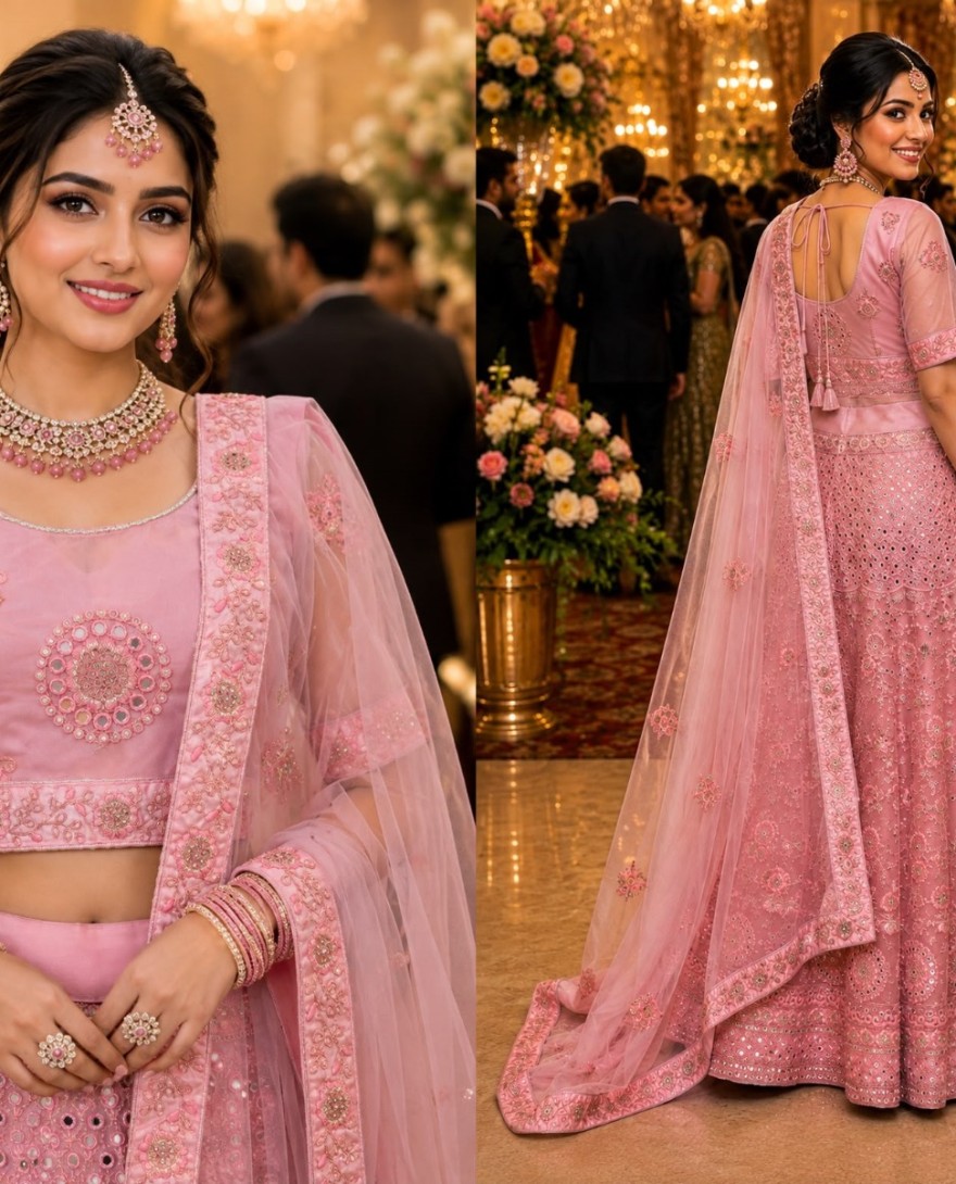 PINK - Pink Net Lehenga Choli with Diamond, Embroidered, Mirror and Sequins Work for Engagement