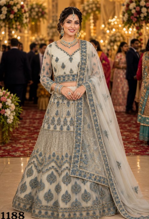 Off White Net Readymade Lehenga Choli