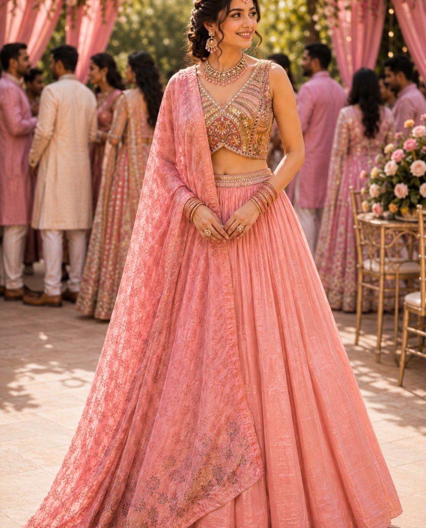 PINK - Urbane Pink Tissue Lehenga Choli with Embroidered Work