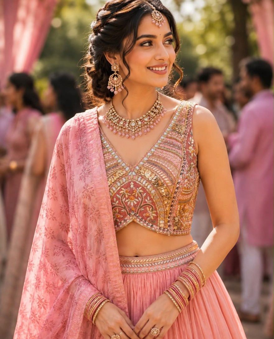 PINK - Urbane Pink Tissue Lehenga Choli with Embroidered Work