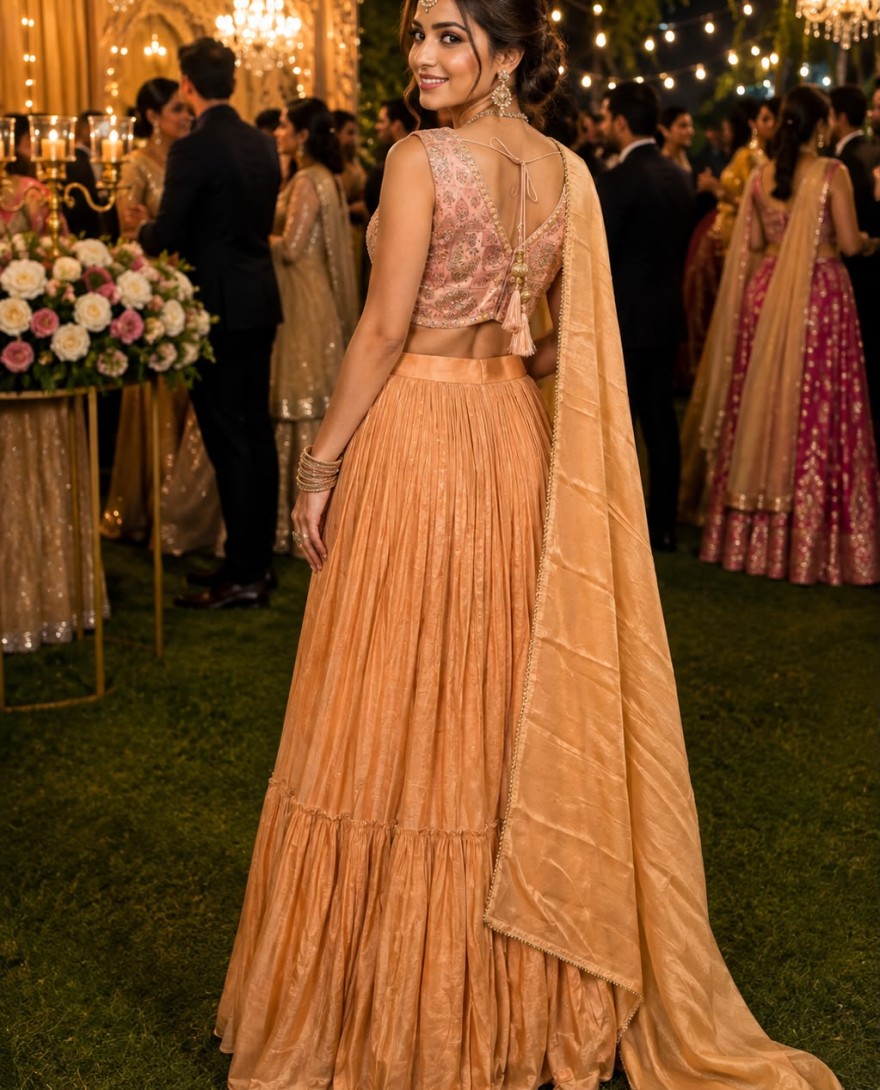 PEACH - Peach Tissue Diamond, Plain and Print Work Lehenga Choli