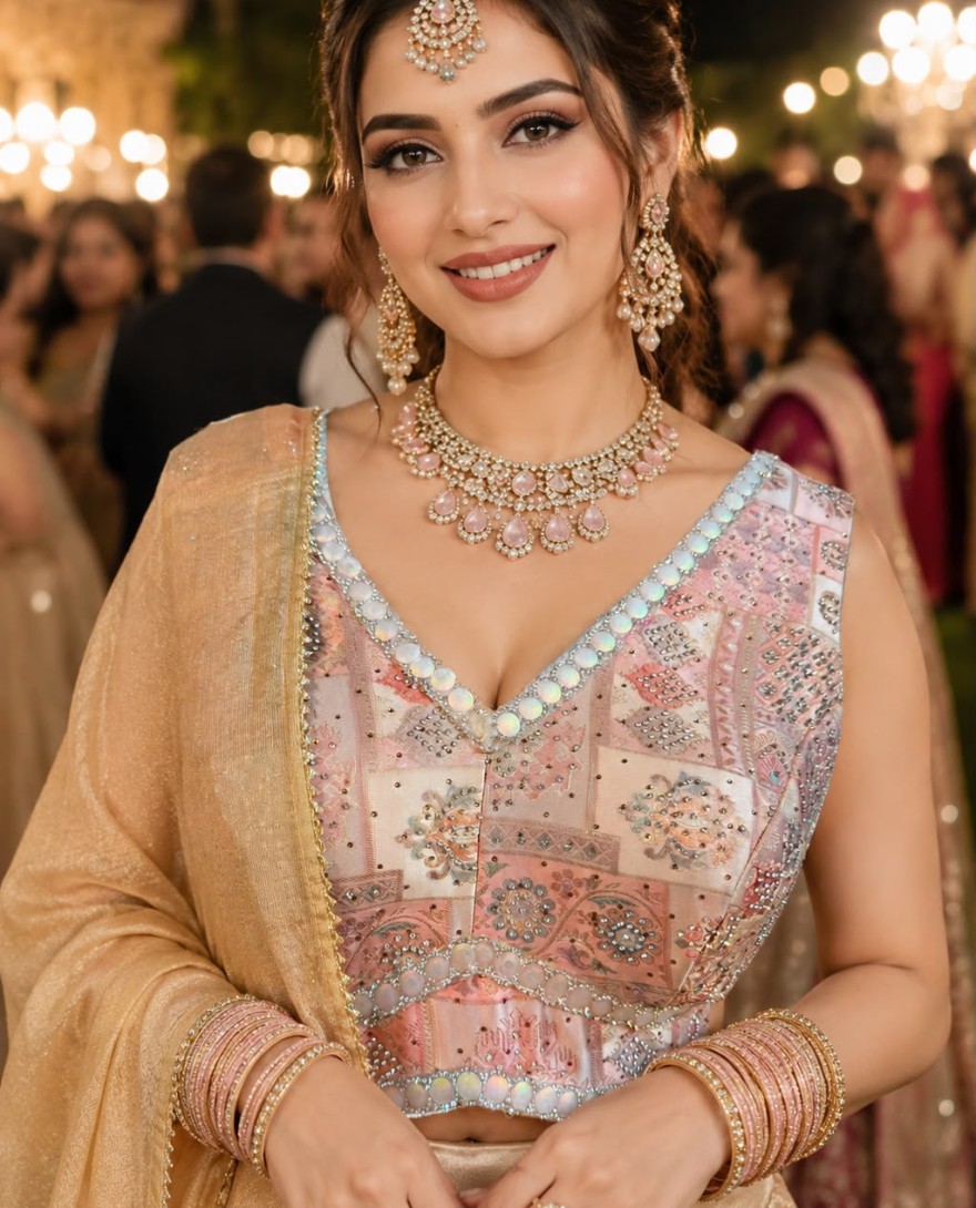 PEACH - Peach Tissue Diamond, Plain and Print Work Lehenga Choli