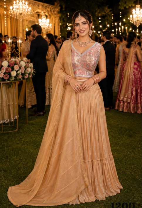 Peach Tissue Diamond, Plain and Print Work Lehenga Choli
