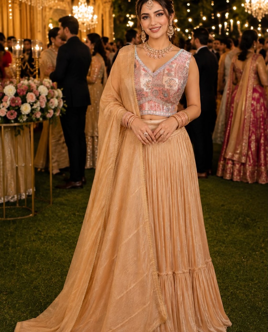 PEACH - Peach Tissue Diamond, Plain and Print Work Lehenga Choli